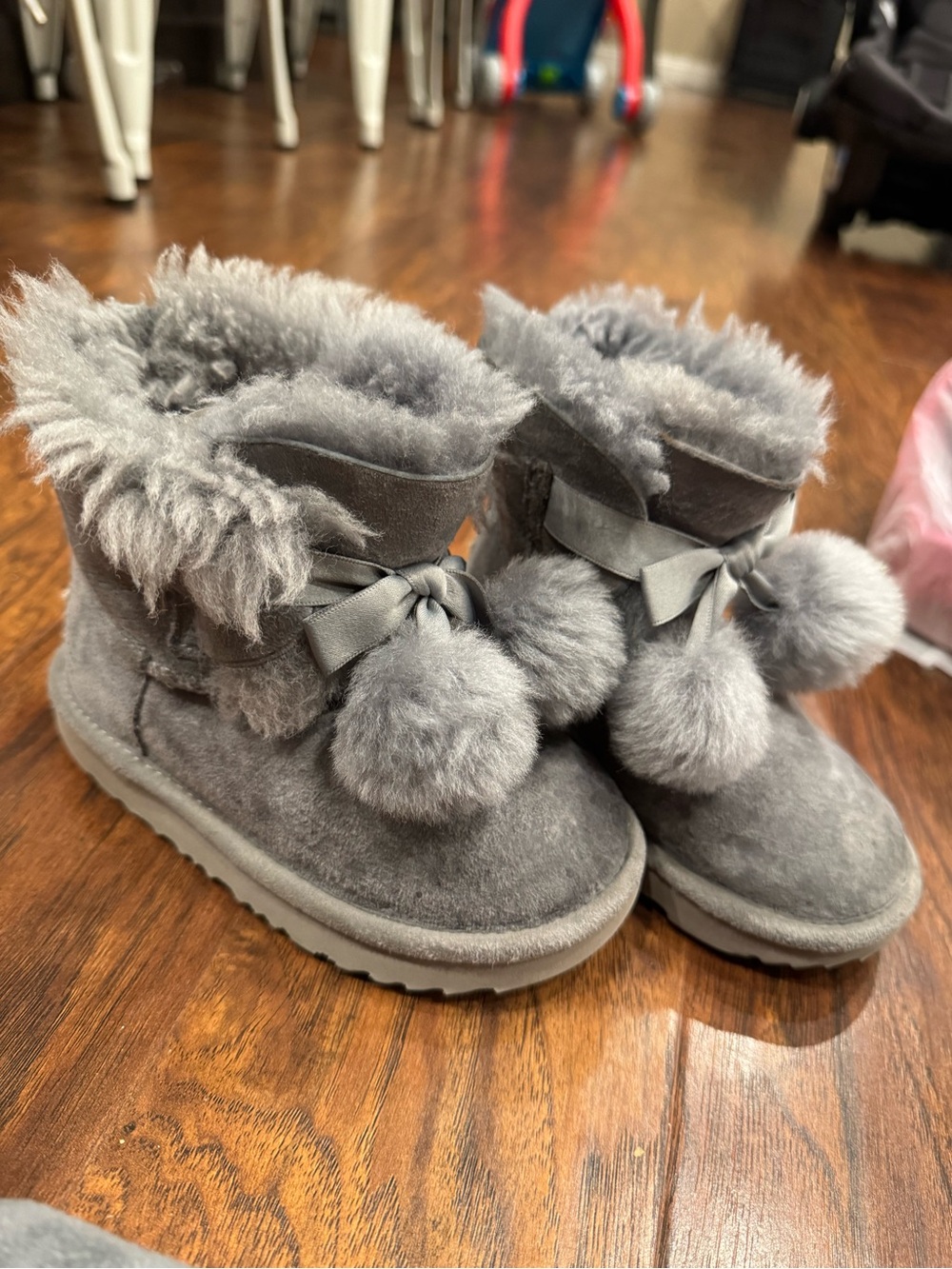 Girls Gray UGG Pom Pom Boots